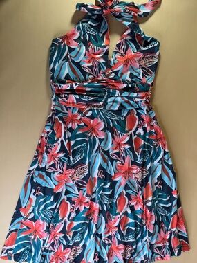 Tropical Halter Dress in Teal and Coral